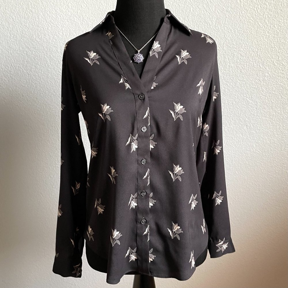 Ann Taylor Black Floral Long Sleeve Blouse -- Size XXSP